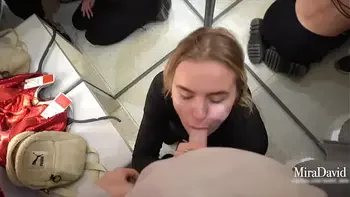 Babe gets public risky blowjob in fitting room - Close to be caught