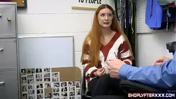 Sexy nerdy girl and thief can't leave the store in her Halloween costume because she is caught by the security guard who fucks her hard in her wet and tight pussy to set her free.