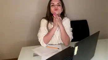 Stepson saw Stepmother’s Big Cumshot through pants in the office