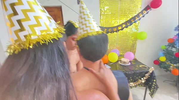 FFM THREESOME - Two busty and big-assed stepdaughters celebrate their stepdad's birthday with delicious sex