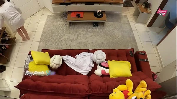 Hot wife accepting the delivery man and having sex with him on the sofa at home with English subtitles