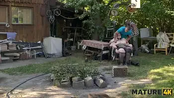 MATURE4K. Weird blonde Diana loves a lot of cum from 2 strangers on her huge tits