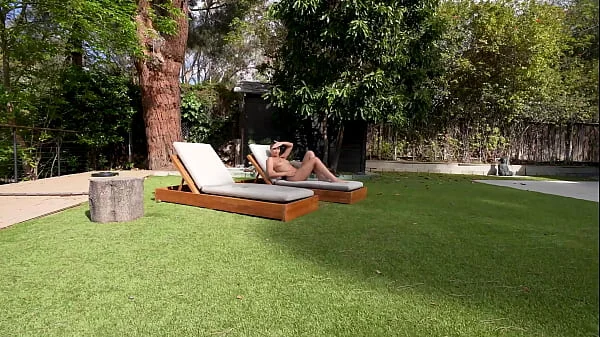 Slutty British stepsis loves sunbathing naked and sucking cock - Lily Phillips