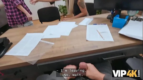 VIP4K. Gorgeous blonde with natural tits came to get a job and to fuck on a tabletop