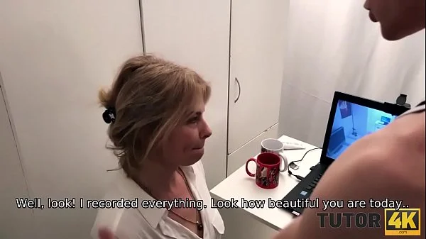 TUTOR4K. Man puts professor down on her knees for blowjob and fucks her