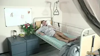 Teen nurses fuck old grandpa in a fake hospital bed and give sloppy blowjob