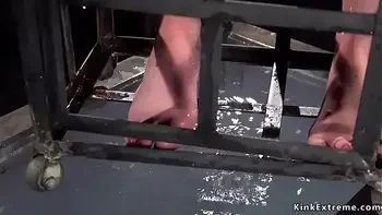 Babe in cage gets water bondage
