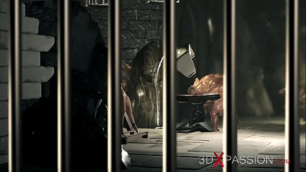 Confused nerdy girl captive gets fucked by big monsters in the dark dungeon