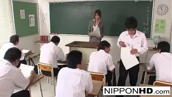 Hot Asian teacher blows her student and plays with his cum