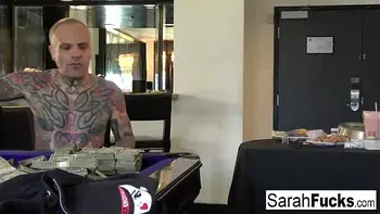 Car Jacker Sarah Jessie follows the guy to the Hotel room to fuck him!