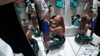 Real casual blowjob of an amateur couple in a fitting room. Sasha Bikeyeva