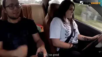 Girl jerks off a guy and masturbates herself while driving in public (talk)