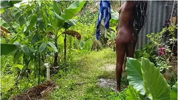 Black Beauty Sun Bathing In Public & Showering Outdoors In Paradise - No Face Girl