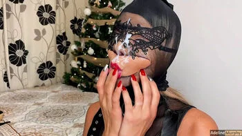 Adeline Murphy Masked MILF Sloppy Blowjob with Red Lips & Nylon Fetish
