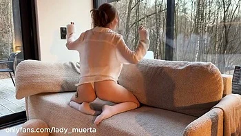 Hot Redhead MILF in White Shirt Caresses Her Big Pussy on the Couch