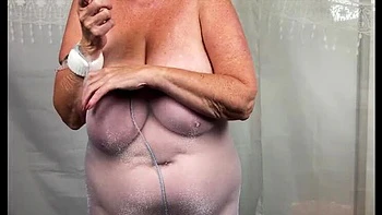 Mature British Wife Opens Fan Gift - Big Natural Tits in Crotchless Bodystocking Foot Fetish