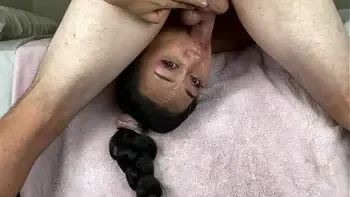 Rough Deepthroat Blowjob Shantel Dee gets Face Fucked on the Bed, Flipped upside down and Cum on her Face.