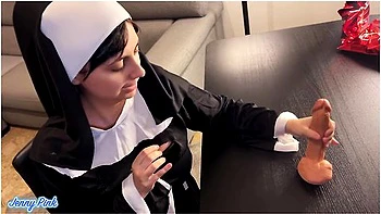 Sex On The Table With Blasphemous Busty Nun Cum On Pussy