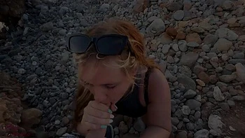 Amateur Beach Blowjob: Redhead Anja Amelia Brutal Deepthroat & Cum in Mouth