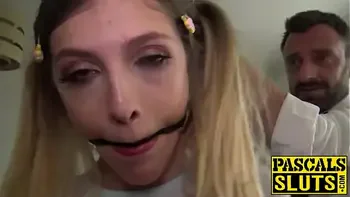 Petite British sub swallowing cum after rough dom treatment