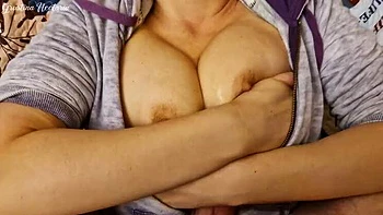 Real Russian Couple Homemade POV - Brunette Natural Tits Blowjob & Cum on Big Cock