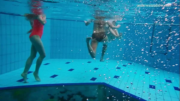 Three hottest babe swim naked in the pool