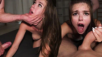 18 Year Old Teen Brunette Hard Fucked in First Threesome - Rough Doggy Style & Blowjob