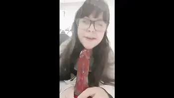 Petite teen sucks a dildo and cum rubbing it in her clit - Hana Lily