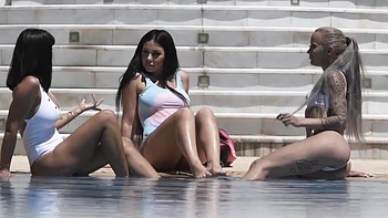 Pool party with four hot girls getting fucked hard