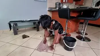 Indian cleaning girl gets a golden shower from her boss while busy working | piss clean up | interracial | blowjob