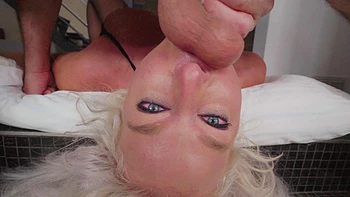 Blonde milf London River gets her throat drenched with cum.