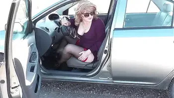 Frina car has broken auto navigator. Sexy blonde MILF driving in stockings without skirt or panties and asks for directions from random passerby. Public nudity. In public. Outdoor. Outside