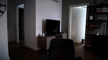 Busty curly brunette with big boobs fucks on couch