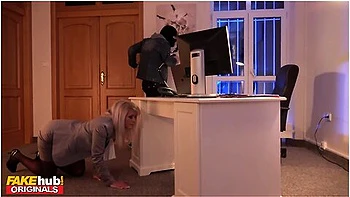 Natural Office Milf Blows Robber From Under Her Desk Before Lifting Her Skirt For Big Cock