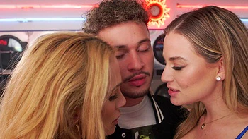 Two girls share huge dick in a hot ffm threesome