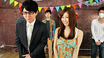 Asian doll with big boobs Chihiro Akino is sucking two nice dicks