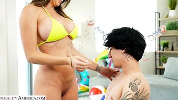 An awesome busty brunette Lady Lorreign screwed in her lovely poses