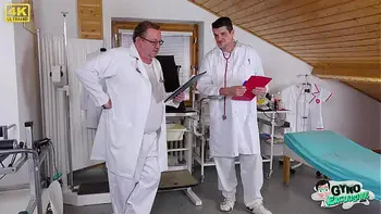 Filthy bitch Sharlotte Thorne examined and made to cum by 2 perverted doctors