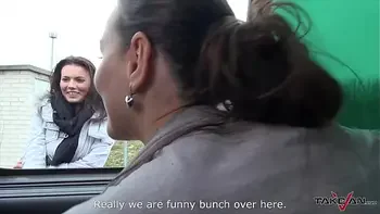 Sexy cutie get into the car and enjoy horny group fuck, three babes on one dude