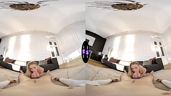 A blonde girl peaches has sex with a guy in the room