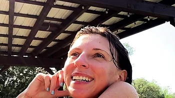 Chubby brunette milf jerks off with big tits dildo