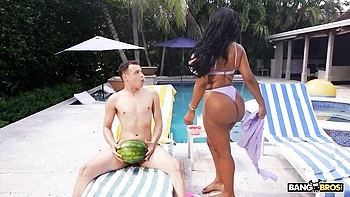 Hot BBW TiaMaria rides cock cowgirl by the pool