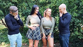 Two hot girls and their boyfriends fuck outdoors