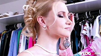 Slender blondes Charlie and Ivi suck big cock doggy