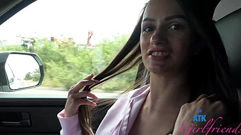 Hot brunette Summer Renee fucks in the car on a beach