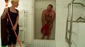 Busty French Blonde MILF Deep Throats Big Cock in Bathroom