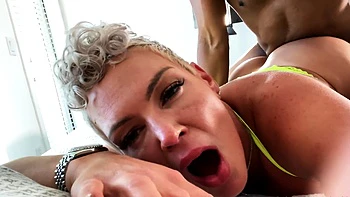 Big tit blonde gives blowjob to big cock