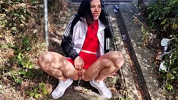 Petite Brunette MILF Pissing and Gaping Outdoors