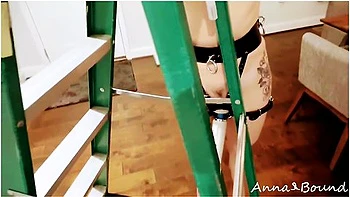 Anna Collared and Bound, Cumming Wild on Ladder