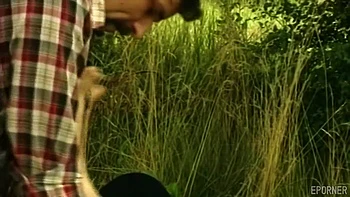 Brunette Blows Big Cock Outdoors in Vintage Threesome